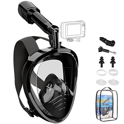 Máscara Snorkel Adulto, Mascara de Buceo de Cara Completa con 180°Panorámica y Montura de Cámara Desmontable, Tubo de Ventilación Más Largo, Anti-Nieb