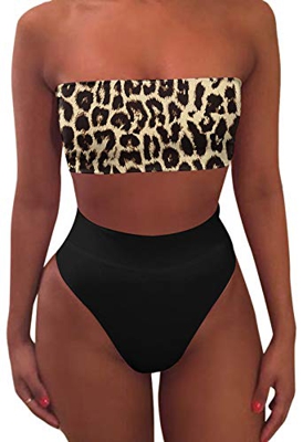 Viottiset Bandeau Top Desprendible Correa Envoltura Push Up Acolchado Cintura Alta Bikini Set Traje de baño Sexy Café Grande