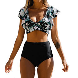 heekpek Conjunto de Bikini Traje de Baño Mujer Sexy Bañador Estampado de Flores Top con Volantes Braga Talle Alto para Dos Piezas Ropa de Playa Tallas en oferta