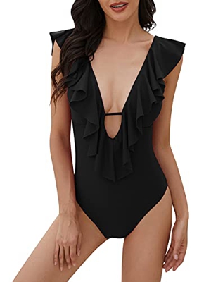 Voqeen Mujer Una Pieza con Cuello en V Traje de Baño de Control de Barriga Monokini con Cordones y Volantes Trajes de Baño de Playa