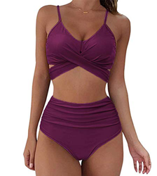 Tomwell Mujer Conjunto Bikini Baño 2 Piezas de Cuello Halter Traje de Baño de Cintura Alta para Verano Playa Traje (XXL, Morado) precio