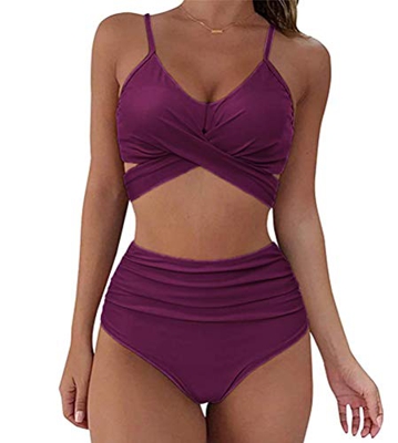 Tomwell Mujer Conjunto Bikini Baño 2 Piezas de Cuello Halter Traje de Baño de Cintura Alta para Verano Playa Traje (XXL, Morado)
