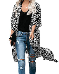 Kimono Cardigan Mujer Largo Verano Ropa de Playa Pareos Manga Corta Retro Impreso Blusa Tunica Vestido de Playa Cover Up (Talla única, Negro) características