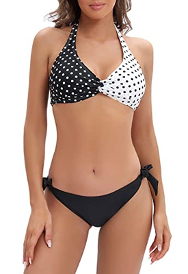 Halcurt Bikini de dos piezas para mujer con parte superior acolchada., Lunares Blancos Negros, XS