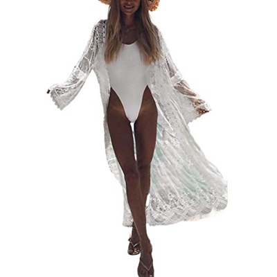 Camisola de Playa para Mujer Cardigan Largo Pareos Cubrir Bikini Kimono Transparente con Encajes Finos Bikini Cover Up Traje de Baño Ropa de Playa Lad