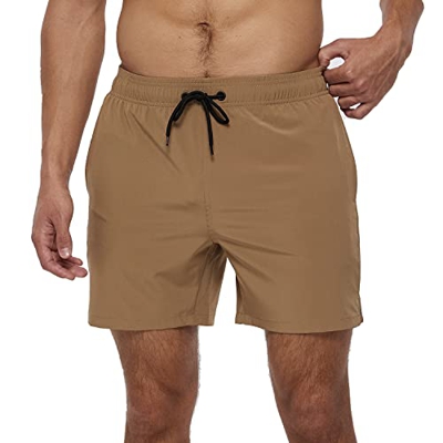 Arcweg Bañador para hombre con bolsillos con cremallera, pantalones cortos elásticos para playa, forro de malla transpirable, secado rápido, caqui, S