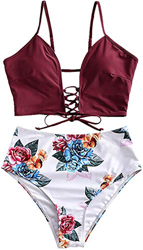 JFAN Mujer Playa Traje de Baño Nudo Delantero de Cintura Alta con Estampado Floral Correas Trenzadas Conjunto de Bikini(Rojo,M) en oferta