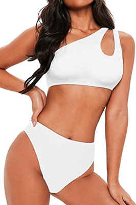 JFAN Traje de Baño Mujer Conjunto de Bikini Un Hombro Trajes de Baño Ahuecados Bañador Atractivo de Dos Piezas(Blanco,L)