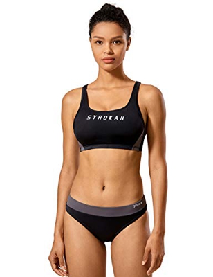 SYROKAN Mujer Bikini Traje de Baño Dos Piezas Deportivo Top Racerback Acolchado Negro # XS