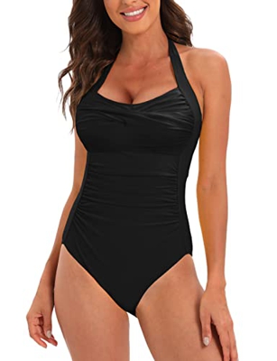 heekpek Traje de Baño Una Pieza para Mujer Bañadores Mujer Reductores Cuello en V Pliegues Bañador Bikini Retro