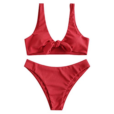 Conjunto de bikini brasileño Zaful acolchado para mujer, traje de baño, prenda para la playa rojo-1 S
