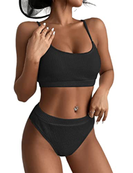 TOMEEK Traje de Bikini de Mujer Canalé Traje de Baño Dos Piezas de Sexy Cintura Alta Bañador Push Up Color Sólido Piscina de Playa, Negro, Talla M en oferta