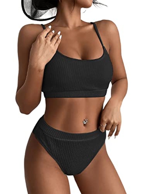 TOMEEK Traje de Bikini de Mujer Canalé Traje de Baño Dos Piezas de Sexy Cintura Alta Bañador Push Up Color Sólido Piscina de Playa, Negro, Talla M