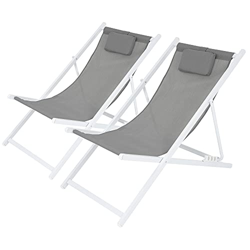 ECD Germany 2X Silla de Playa Aluminio 4 Posiciones de Reclinación Plegable Tumbona Tradicional de Sol para Jardín o Balcón Blanco Gris con Almohada C en oferta