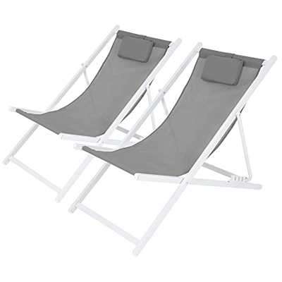 ECD Germany 2X Silla de Playa Aluminio 4 Posiciones de Reclinación Plegable Tumbona Tradicional de Sol para Jardín o Balcón Blanco Gris con Almohada C