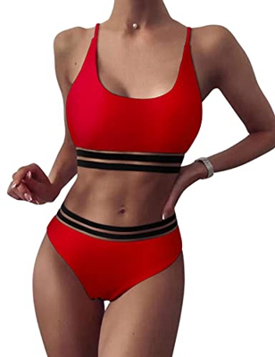 heekpek Bikinis Mujer Sexy Bikini Brasileño Malla Rayas Conjunto Bikini Mujer U Escote Bandeau Bañador Ropa de Playa Traje de Baño Bikini Sets, Rojo, 