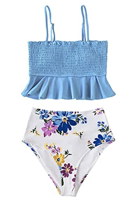 CUPSHE Conjunto de Bikini Cintura Alta Estampado Floral Volantes Traje de Baño de Dos Piezas, L