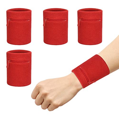 Pulseras Deportivas Sudor CHALA 4PCS Muñequeras para el Sudor para Tenis, Correr, Ciclismo, Poner Tarjeta de Moneda Clave Viajes, Gimnasio (Rojo, Cier