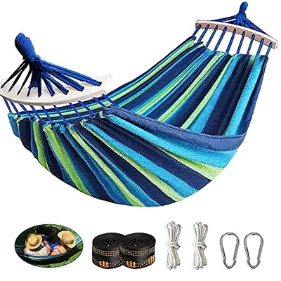 Yuxuan store Hamaca doble con varillas de madera y bolsa de transporte, para exteriores, algodón, soporta hasta 300 kg, color azul