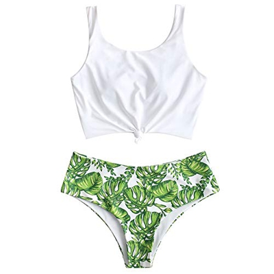 Zaful Traje de baño de dos piezas para mujer, traje de baño acolchado con estampado floral y cordones, tankini de tiro alto, Multib, S