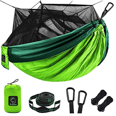 Hamaca de camping individual y doble con mosquito/mosquitera, portátil de nailon 210T con correas de 10 pies, 17 trabillas y mosquetones para camping,