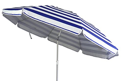 Sombrilla azul y blanco a rayas, protección solar, protección UV UPF 50+ 180 cm, de aluminio con función de inclinación, altura regulable