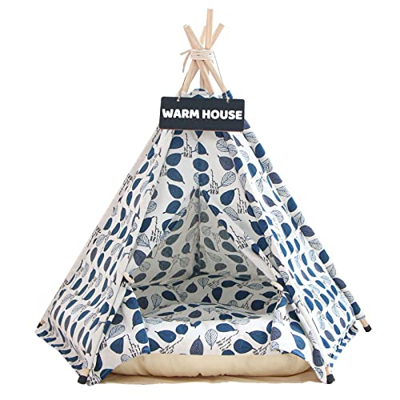 Tipi para Perros y Gatos con Cojin,Tipi de Mascotas con Almohada y Pizarra,Tipi para Perros Gatos Desmontado y Fácil de Limpiar (Blue Leaf)