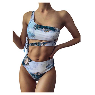 SHOBDW Bikinis Mujer Conjunto de Bikini Dividido Un Hombro Colorido Rayas Sin Tirantes Cosido Sujetador Acolchado Sin Respaldo Push-up Bikinis Bottoms