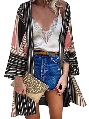 ZANZEA Mujer Gasa Cárdigan Línea y Gráficos Kaftan Playa Kimono Pareos Bohemia Suelto Verano Cover Up Blusa Homewear Tops gráficos Negro XXL