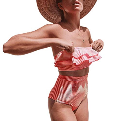 DURINM Conjuntos De Bikini Rayas Talle Alto Retro Brasileños Mujer Sexy Traje De Baño Cuello Halter Strapless Top Bikini Push Up Anudado Tanga Braga B