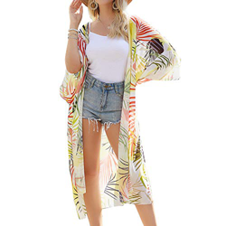 Kimono largo floral o estampado, de gasa, para playa, diseño boho, parte delantera abierta, holgada, blusa verano para mujer Amarillo amarillo L en oferta