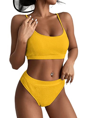 Xnova Conjuntos de Bikinis para Mujer, Push Up Bikini Cintura Alta Tanga Traje de Baño Trajes de Baño Viajes Playa Natación (Amarillo, M)