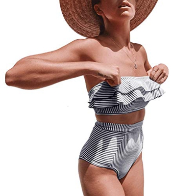 DURINM Conjuntos De Bikini Rayas Talle Alto Retro Brasileños Mujer Sexy Traje De Baño Cuello Halter Strapless Top Bikini Push Up Anudado Tanga Braga B