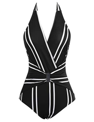 Bañador a Rayas de Mujer Bikini Ropa de Baño de Una Pieza Negro Cuello en V XL Negro Blanco en oferta