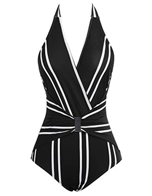 Bañador a Rayas de Mujer Bikini Ropa de Baño de Una Pieza Negro Cuello en V XL Negro Blanco