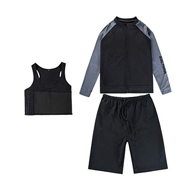 BaronHong Chest Binder Traje de baño de Secado rápido Camiseta de Manga Larga con Cremallera + Shorts de baño para Trans Lesbianas Tomboy (Negro-Gris,