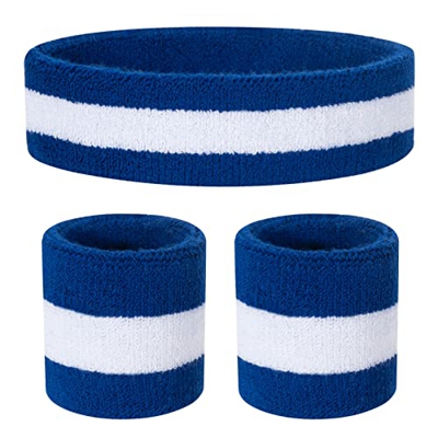 ONUPGO Juego de pulseras para el sudor para niños – Banda deportiva de algodón para deportes (1 diadema + 2 pulseras) (azul/blanco/azul)