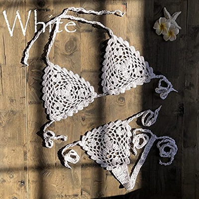 YHWW Traje de baño,Nuevo Crochet Hecho a Mano Micro Bikini Thong String Beach Micro Swimwear Conjuntos de lencería Sexy, Blanco, S