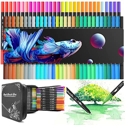 Rotuladores Lettering Profesionales de 60 Colores, Rotuladores Doble Punta Pincel y 8 Serie Océano Plantillas con Estuche, Rotuladores Acuarelables pa