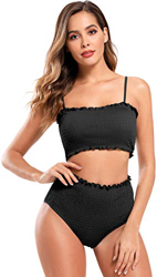 SHEKINI Conjunto de Bikini Bandeau Fruncido para Mujer Traje de baño Fruncido de Dos Piezas Traje de baño de Bikini de Cintura Alta (M, Negro) en oferta