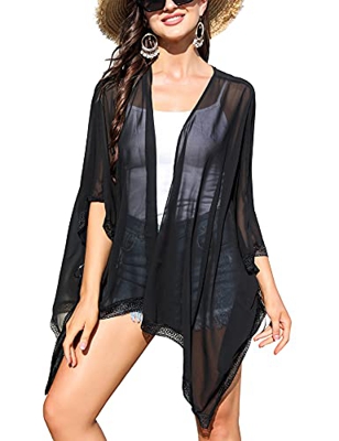 Irevial Cárdigan Kimonos Mujer Playa Camisolas y Pareos Elegante Chaqueta de Gasa Manga 3/4 Ropa de Baño Cover Up Vacaciones Negro, XXL