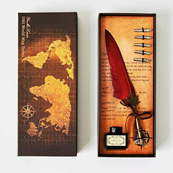 mreechan Pluma Feather pen,Pluma de Escritura,Antique Feather Pen Punta Vintage Pinta de Inmersión Metálica 5 Consejos Diferentes, Una Botella de Tint características