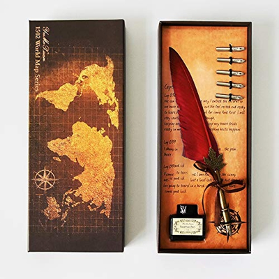 mreechan Pluma Feather pen,Pluma de Escritura,Antique Feather Pen Punta Vintage Pinta de Inmersión Metálica 5 Consejos Diferentes, Una Botella de Tint