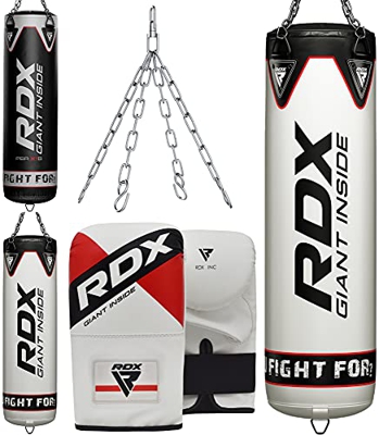 RDX Saco de Boxeo Adulto Relleno 5ft 4ft, 3PC Maya Hide Cuero Anti Swing Punching Bag Set con Guantes, Bolsa Punch Pesada para Artes Marciales Muay Th
