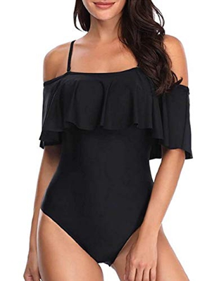 heekpek Traje de Baño Mujer una Pieza Off Shoulder Bikini Volantes High Waist Bikini Impresión de Plantas Tropicales Bañador Mujer Cintura Alta Sexy S