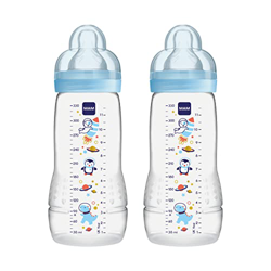 MAM Juego de 2 botellas Easy Active (330 ml), botella para bebé con tetina MAM tamaño 2 de silicona SkinSoft, botella de leche con forma ergonómica, 4 precio