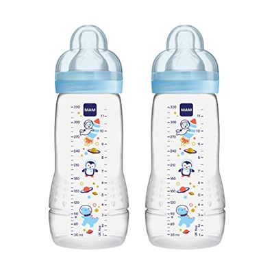 MAM Juego de 2 botellas Easy Active (330 ml), botella para bebé con tetina MAM tamaño 2 de silicona SkinSoft, botella de leche con forma ergonómica, 4