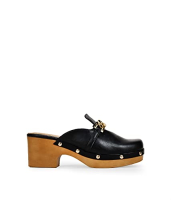 BOSANOVA Zuecos en Color Negro con Ligero tacón Efecto Madera y Detalle de Cadena y tachas metálicas. Sin Cierre. Negro 38