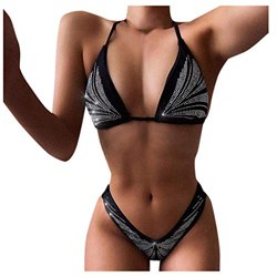 shengyijia Traje de baño de bikini dividido de tres puntos, decorado con lentejuelas, cuello en V, sin mangas, para mujer Negro L características