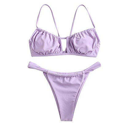 ZAFUL Bikini acolchado de dos piezas para mujer, con orificio en el escote, morado, M